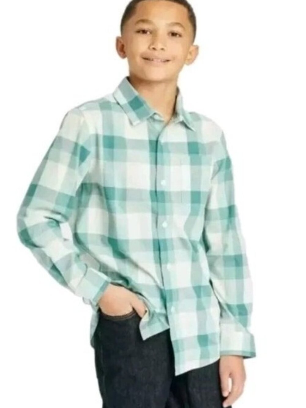Cat & Jack Plaid Button Up Shirt Boys Size 10-12 Large Green Long Sleeve New